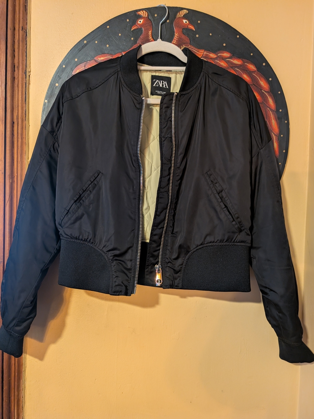 ZARA Black Bomber Jacket with Light Green Lining Sz. Small